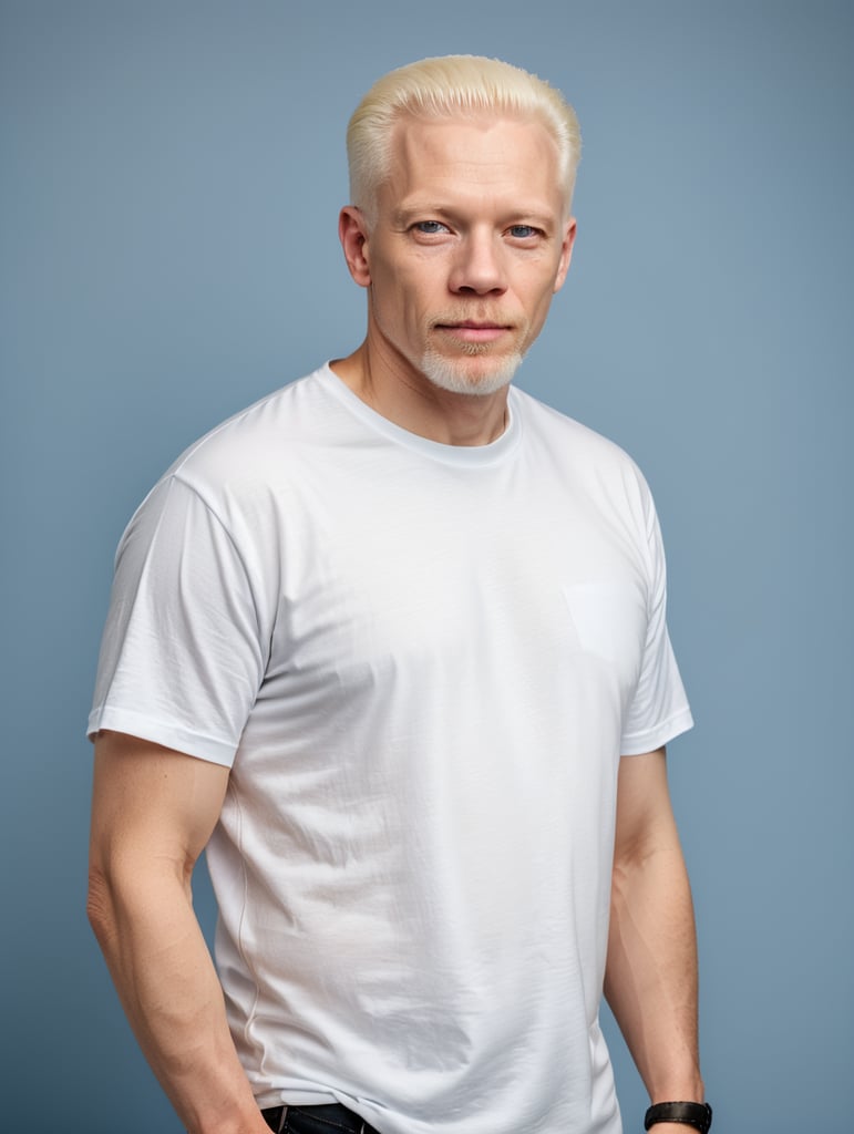 A middle-aged albino man wearing a white T-shirt, isolated, blue background, mockup, mock up