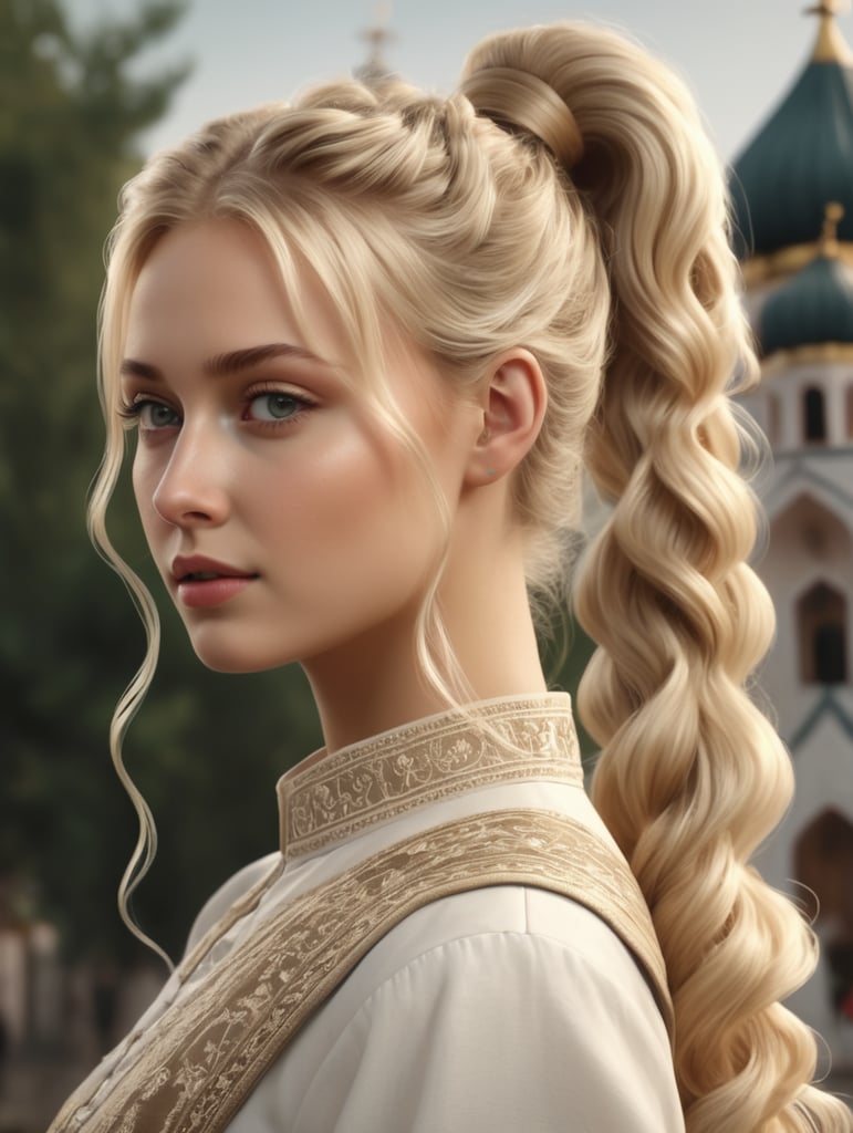 realistic blonde girl model with wavy hair gathered in a high bushy ponytail in orthodox clothes 8k