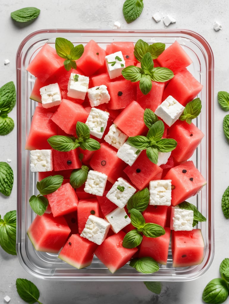 Watermelon Salad with Feta and Mint in a transparent plastic tray, top view, isolated, mockup