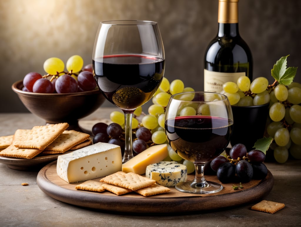 A glass of wine with cheese, crackers, grapes, and olives