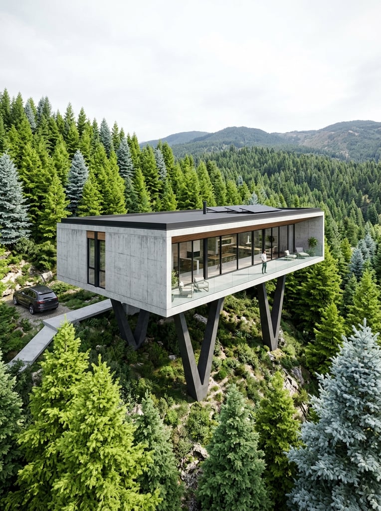 A sleek modern concrete house rests on a steep hillside, elevated by geometric V-shaped pillars. The rectangular structure features a flat roof, floor-to-ceiling glass windows, and a transparent balcony railing. A dense forest of bright green and silvery-blue evergreen trees completely surrounds the architecture. Captured in a photorealistic architectural rendering style under bright diffused daylight, the slightly elevated wide-angle perspective highlights the bold contrast between brutalist geometry and the rugged natural terrain.