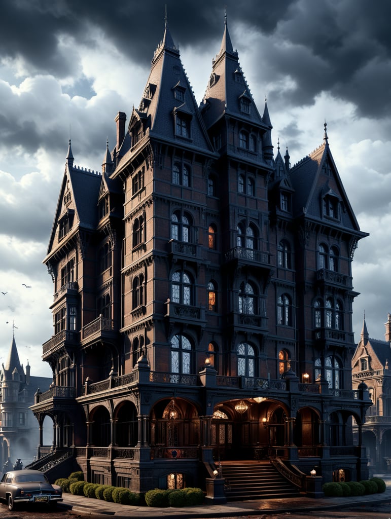 Step into the mind of a madman with a blueprint of Holmes' "Murder Hotel," featuring a unique blend of Gothic architecture and modern horror elements.