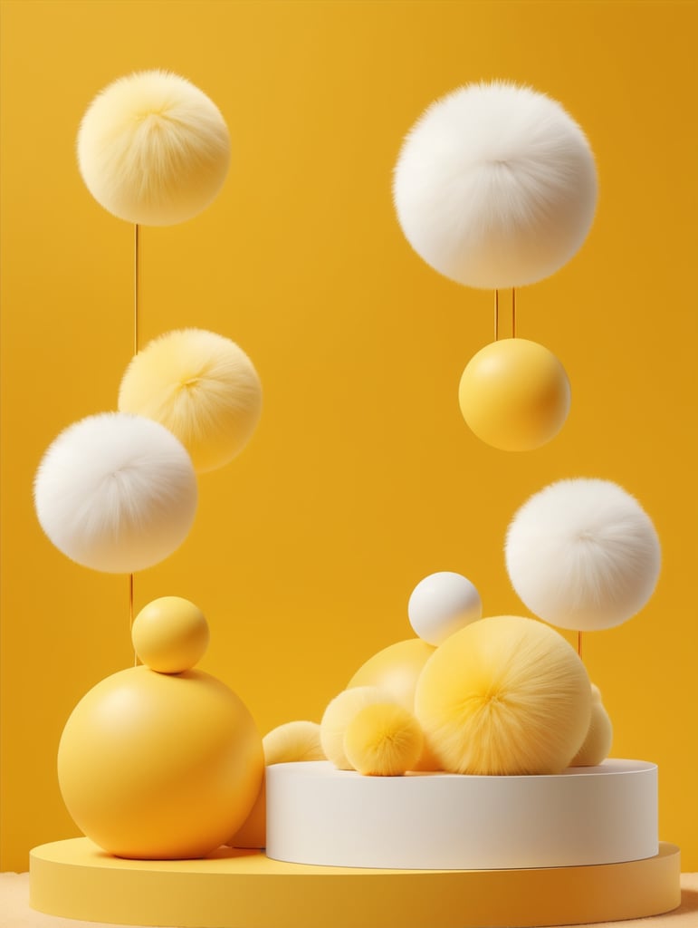 Modern minimal layout podium display with fluffy balls yellow background 3d rendering