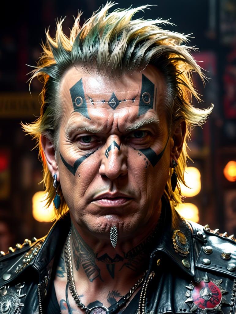 Donald Trump as a punk rocker, full face, tattoos, piercing