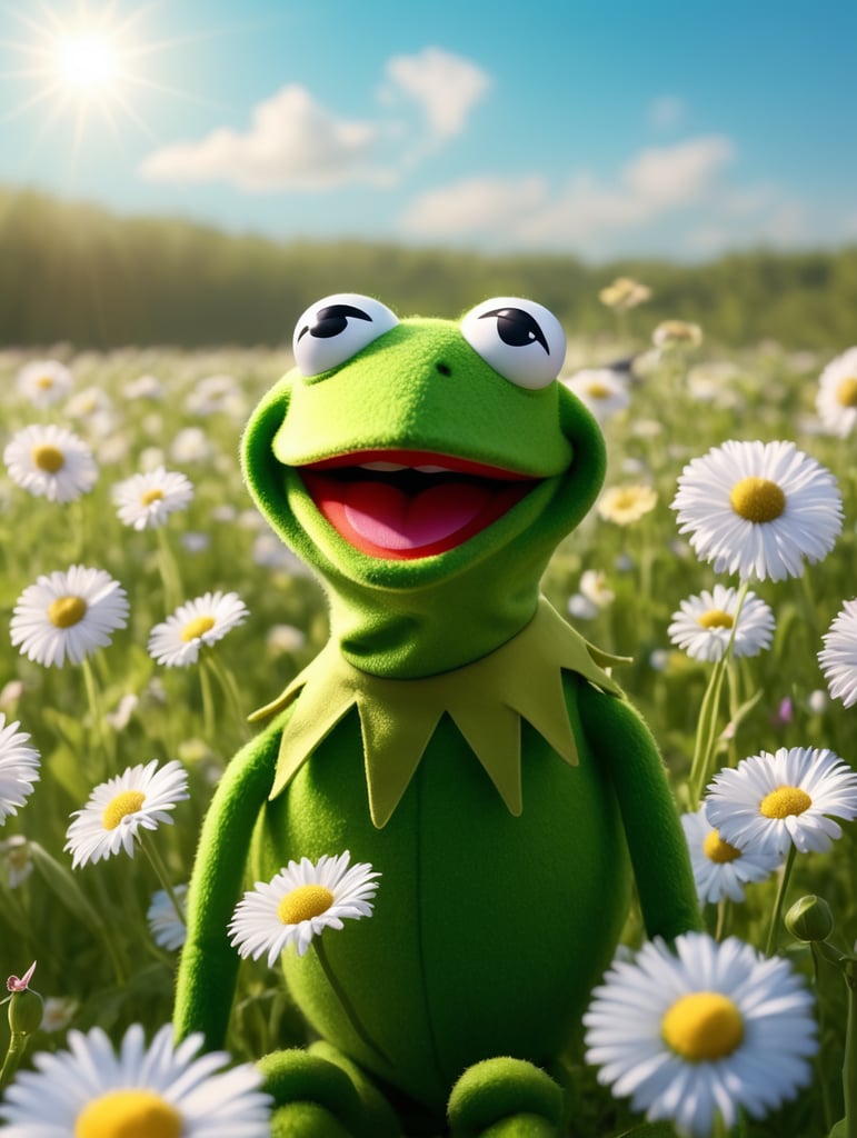 Kermit the frog, happy, light, surrounded by a blue sky on a flower field. a beautiful light theater stage cinematic lighting, Ultra 4k HD
