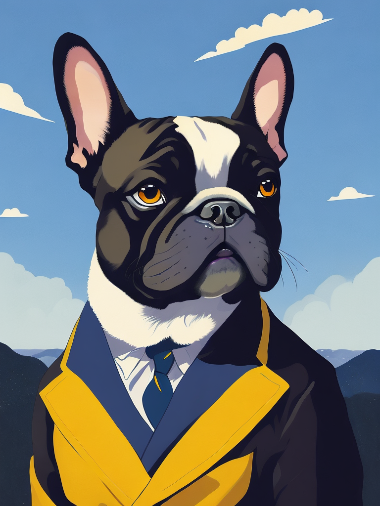 A painting of a cute french bulldog in the sky, wearing a suit, natural light, with bright colors, by studio ghibli