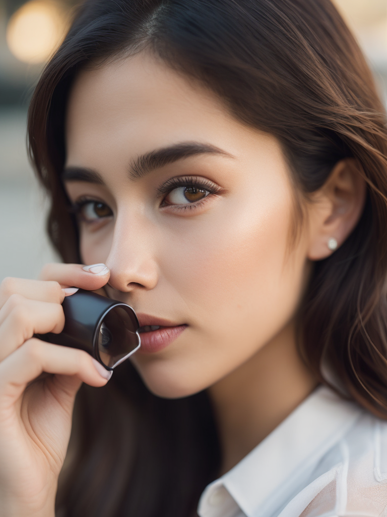 Girl drinking iced coffee, with undereye cream on her right side of her face, close-up editorial style