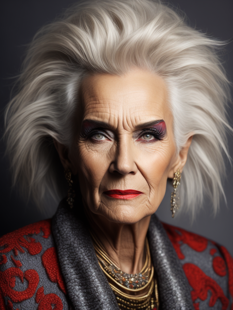 A 70yr old supermodel with bright dramatic make-up and wild hair, beautiful pores and skin texture, detailed high resolution image, grey hair, Dior makeup, award winning fashion editorial image