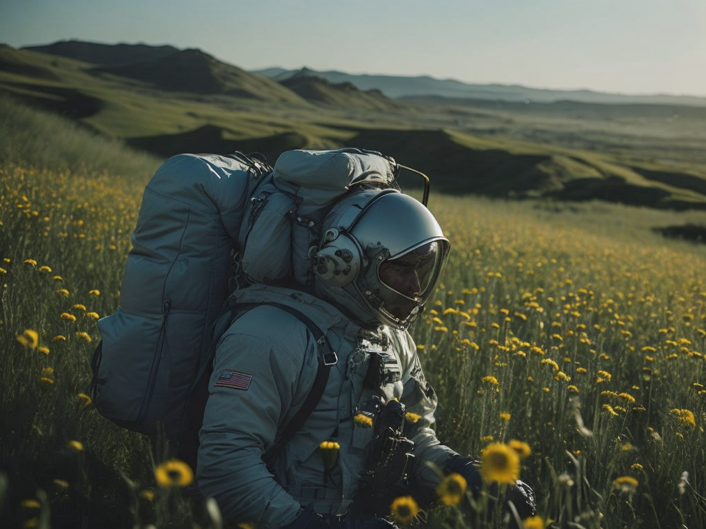 An astronaut in a field of flowers.