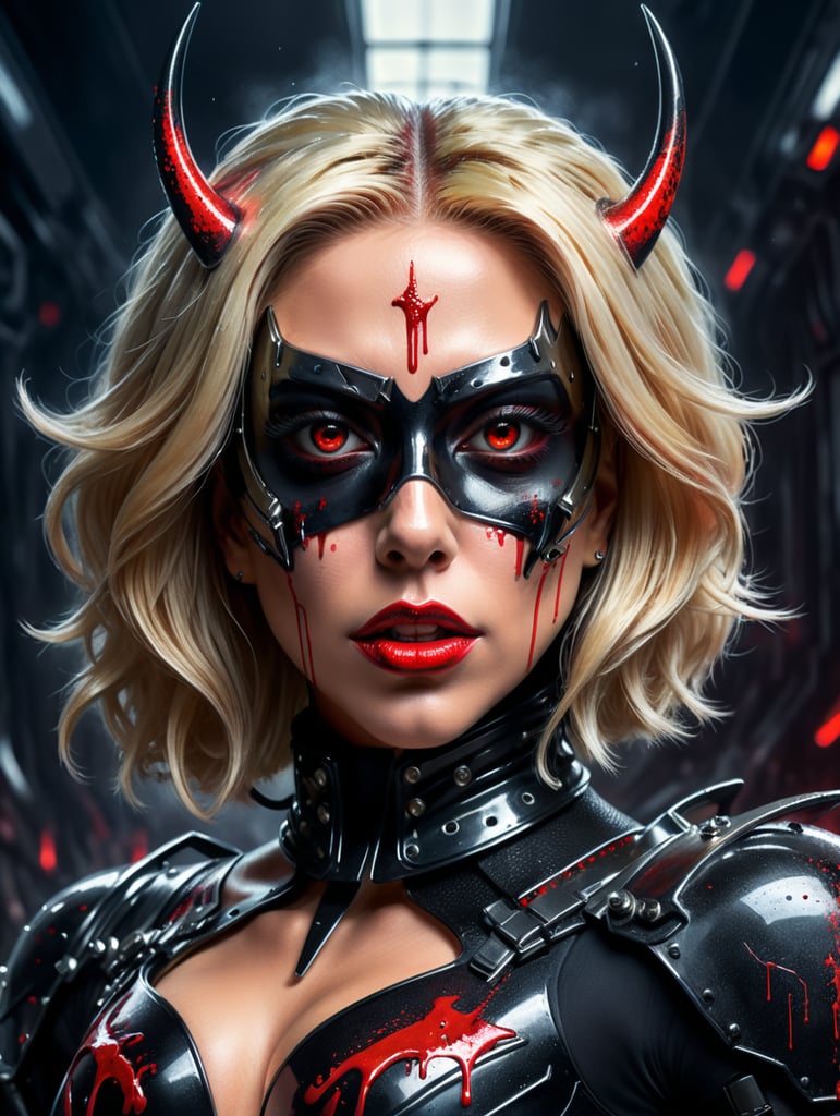 an album cover of Lady Gaga with black and blonde hair (each side of her head has a different color on her hair) she has red eyes and she has blood coming out of her eyes and she has a black sparkly mask around her eyes she is wearing a metal outfit and its very futuristic and she is posing on a platform shes holding a knife in her neck and blood is dripping