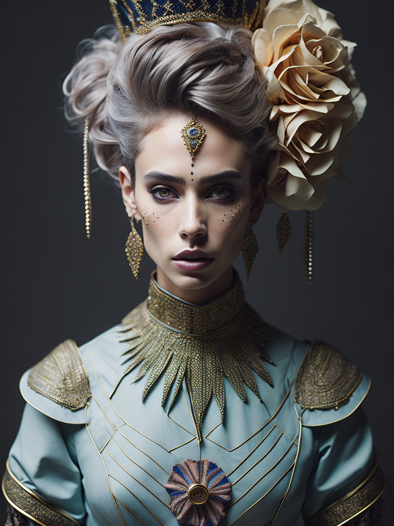 Epic portrait of tvenetian harlequin female clown in pastels and gold intricate embellishments and geometric patterns and designs with abyssinian cat head, high definition, photography, cinematic, detailed character portrait, detailed and intricate environment, strong breeze, nevus under left eye, detailed and intricate environment