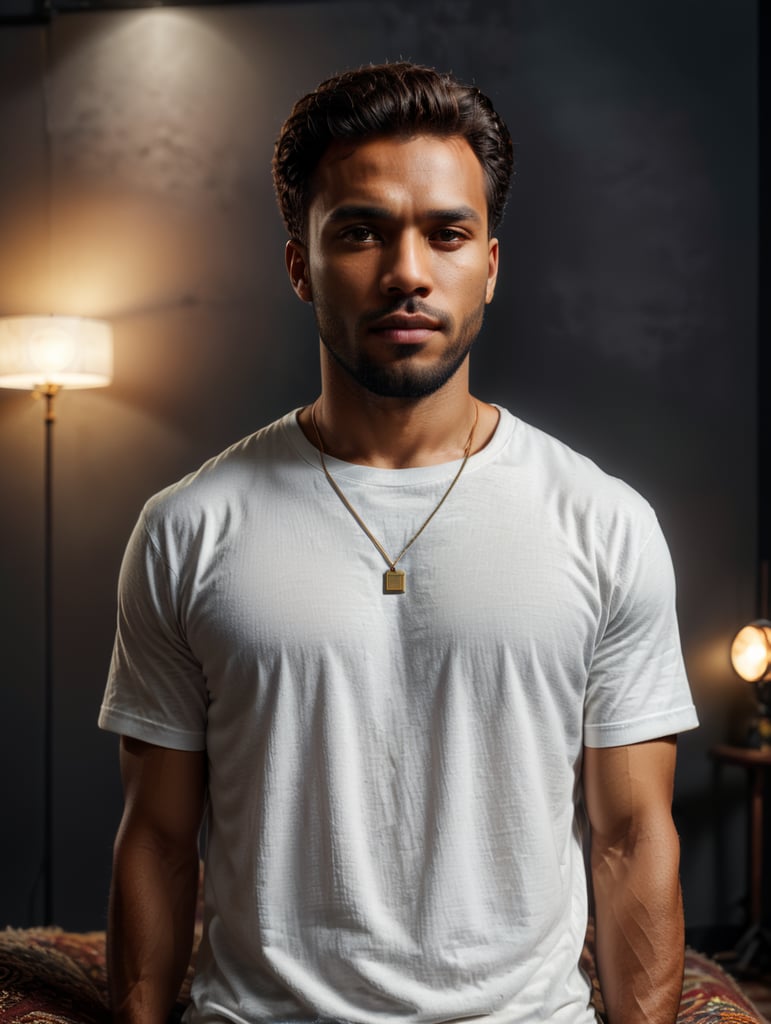 make me high definition - 4k a mixed race man, with body shot angle facing front to the camera, wearing oversized heavy cotton a flat MOCK UP white blank t shirt in bright warm tone studio photoshoot and aesthetic color vintage paintings, rugs, sofa on background