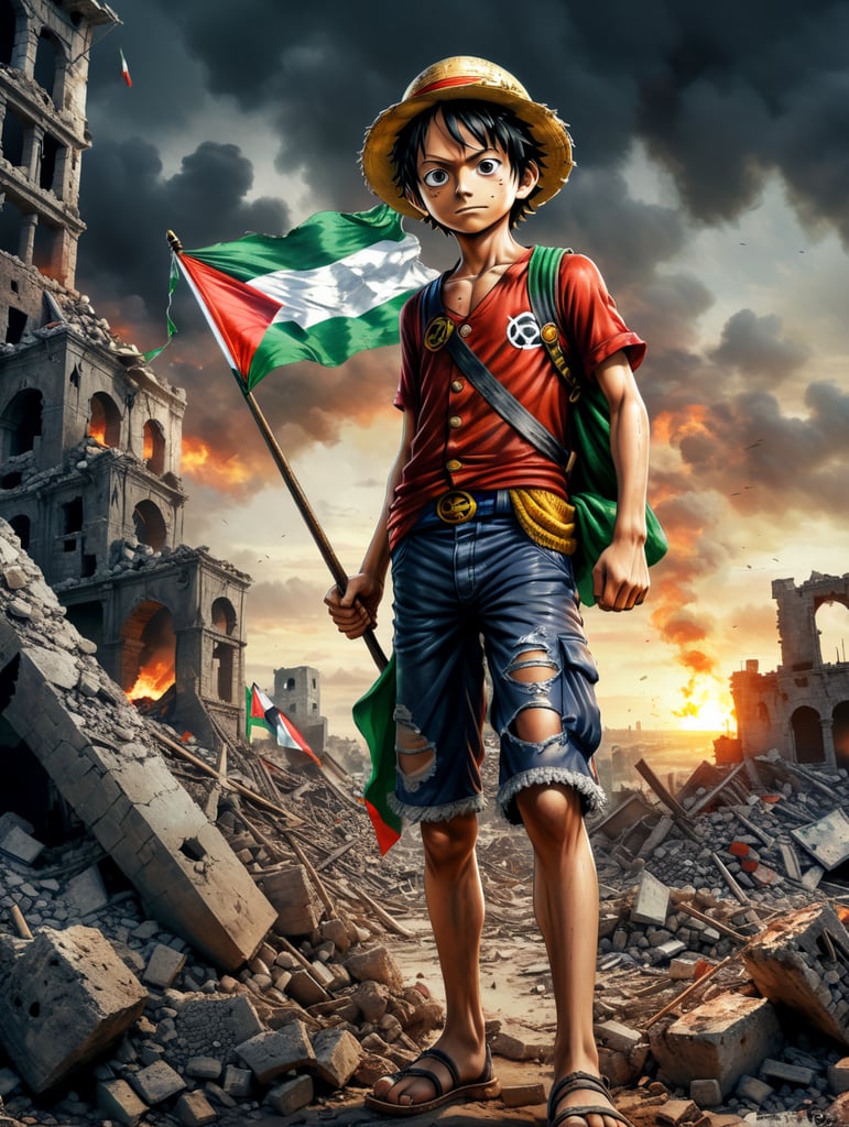 one piece luffy young carrying Palestine flag In Gaza territory, as well as the ruins of rubble from the destruction of the city