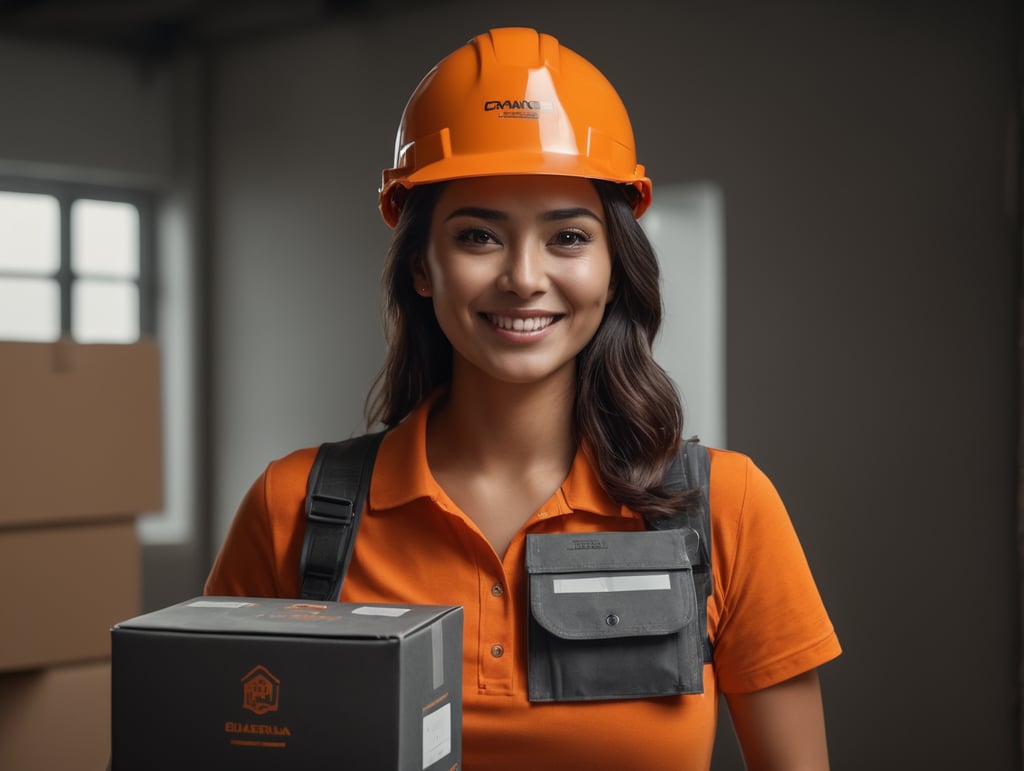 happy worker using construction helmet, orange polo tshirt color #FDB813, with a box on her hands smiling, brown eyes, white background