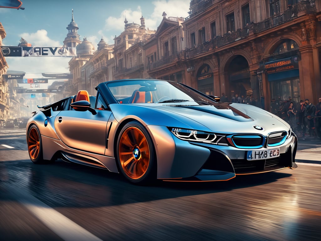 A video game visual of racing cars, a futuristic BMW i8 Roadster in the foreground, dynamic composition, Asphalt 9 Legends style, incredible graphics, 4k