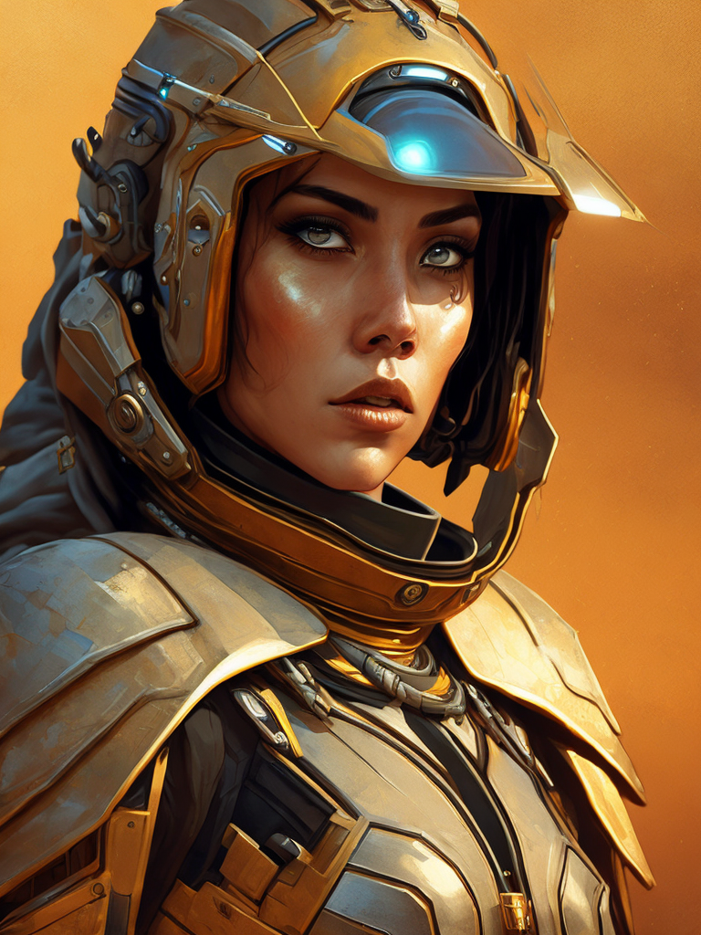 Cyber girl wearing gold chrome helmet, shining reflections, walking in the desert, photorealistic, hyper-detailed, dune atmosphere