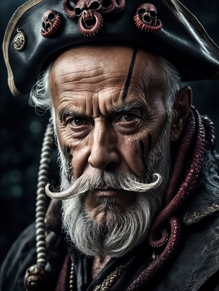 old pirate with octopus beard, dark scene, dark atmosphere, epic shot, sharp on details
