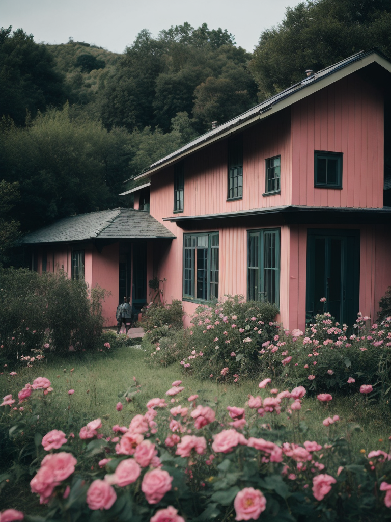 Architectural photo of a maximalist pink solar green house interior with lots of flowers and plants, golden light, hyperrealistic surrealism, award winning masterpiece with incredible details, epic stunning pink surrounding and round corners, big windows, art space, green house walls and celling