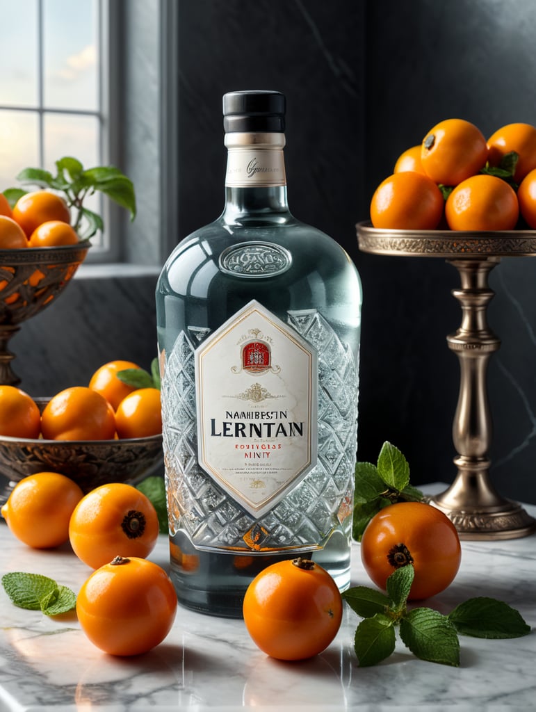 professional photo of a gin bottle on a white marble table surrounded by lemons, persimmons and mint, natural light