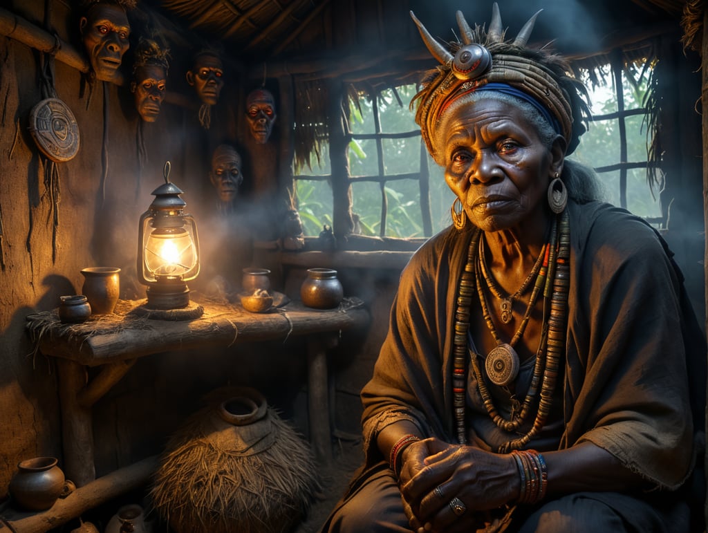 Create a wide shot image of an old woman Nigerian witch doctor sitting and looking with sharp piercing eyes inside a dimly lit hut, fetish emblems are seen all around the hut image should be very epic and photorealistic with awesome colours, image should be extremely clear and clean, image should be taken from a far distance, the hut is surging with dark eerie ominous eneryg