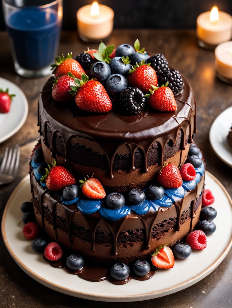 Fudge cake with chocolate icing topped with berries 3 layer chocolate fudge cake with strawberries blue berries and raspberries