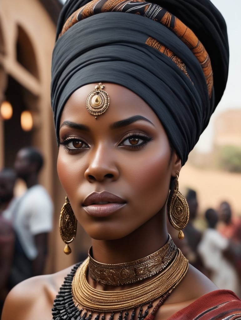 a realistic cinematic close-up of a beautiful dark skin black woman wearing a turban, african woman, african queen, stunning african princess, black art, african arts, african princess, beautiful city black woman only, a beautiful woman warrior, african iconography, black woman, beautiful color art!, african american woman, photo of a black woman, afrocentric mysticism, by Helen Thomas Dranga