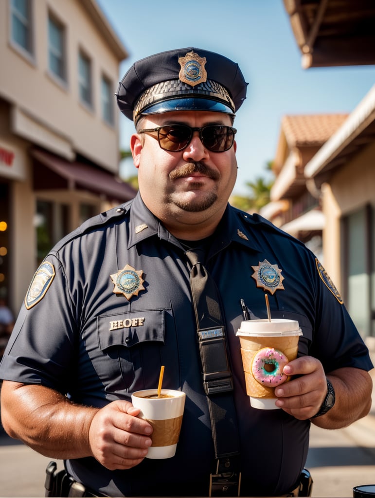 very fat cop with donut and cup of coffee, happy, sunglasses, image, portrait