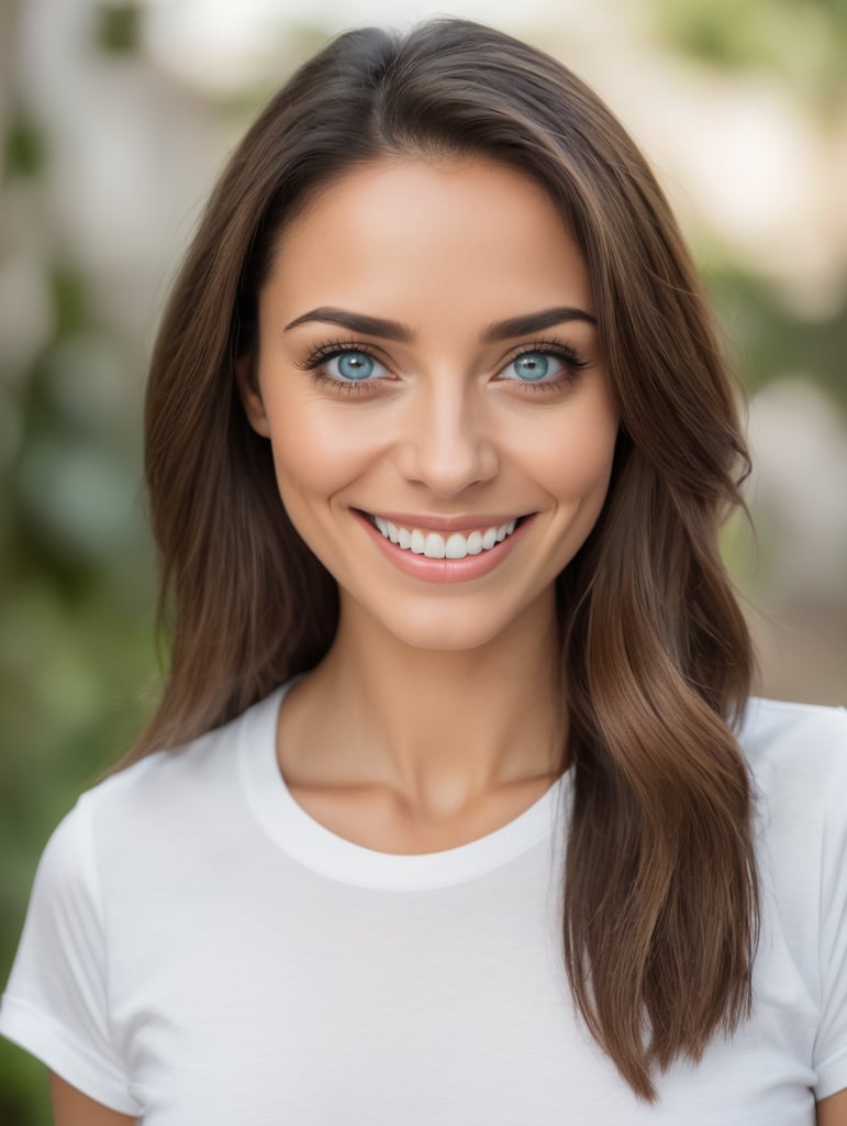 Uma mulher brasileira, de olhos azulados e cinzentos, não muito claros, com um lindo e leve sorriso. A mulher está com uma camiseta branca e ela não olha diretamente para a camera.
