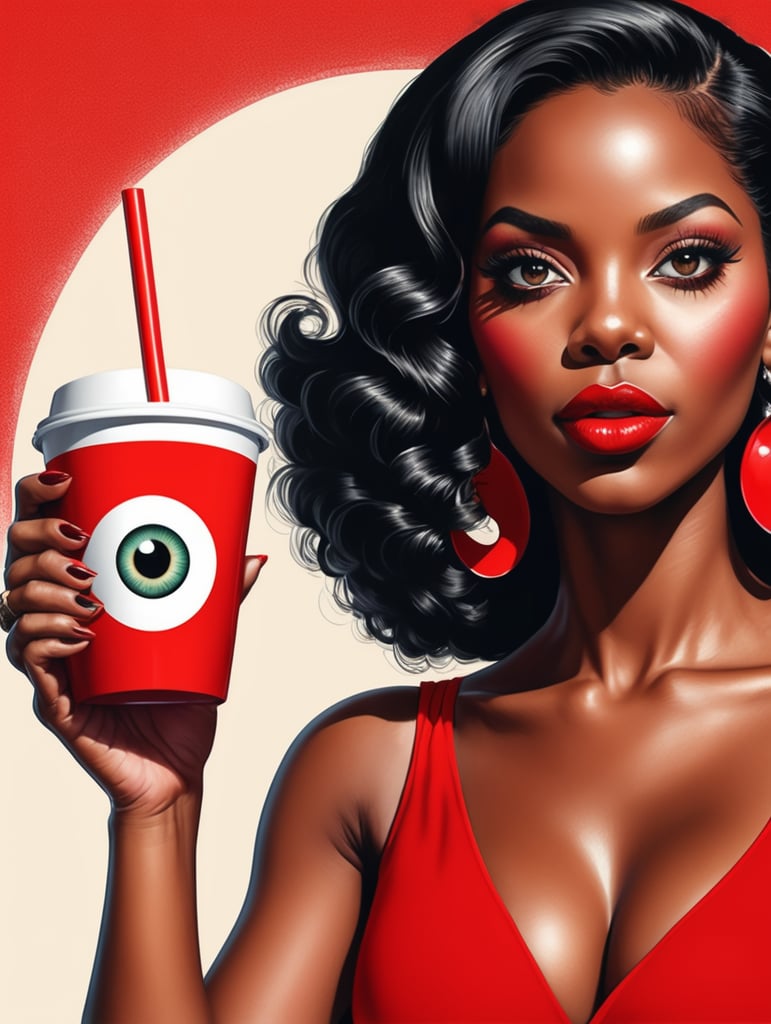Miami black woman holding a red cup eye-catching poster-style drawing and illustration representing the iconic pulp style.