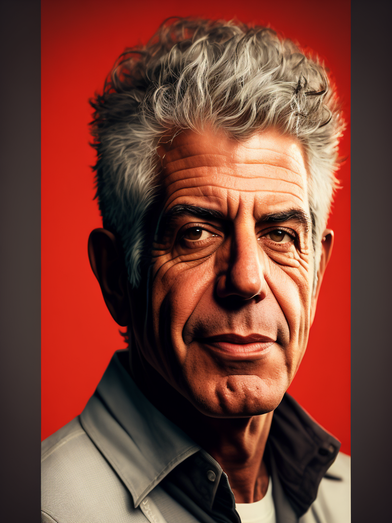 Portrait of anthony bourdain in a light suit with black thick rims, portrait in the style of advertising in kitchen 50s, red background, sharp focus, highly detailed, vintage advertising, retro style
