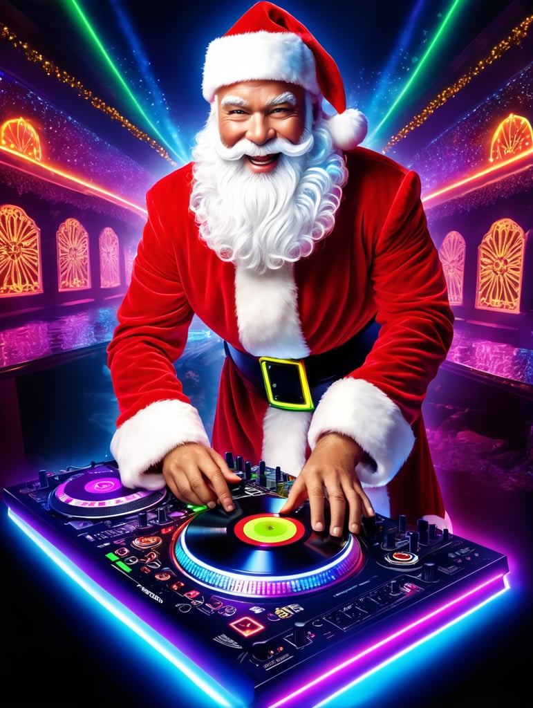 Santa Claus at a nightclub, party with Santa, Dj Santa, neon lightings,