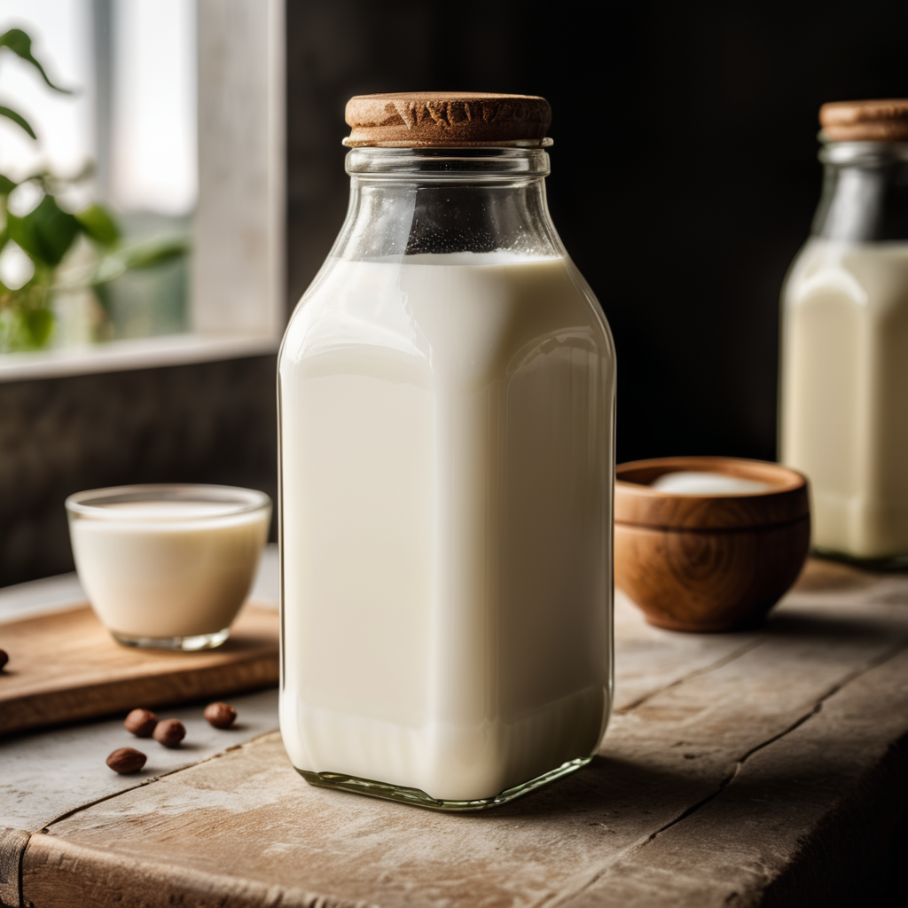 A mockup of a square glass bottle of milk.