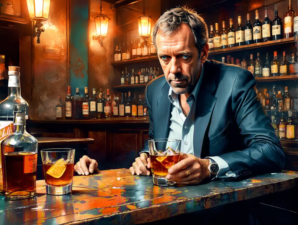 hugh laurie down on his luck in a sleazy bar drinking scotch