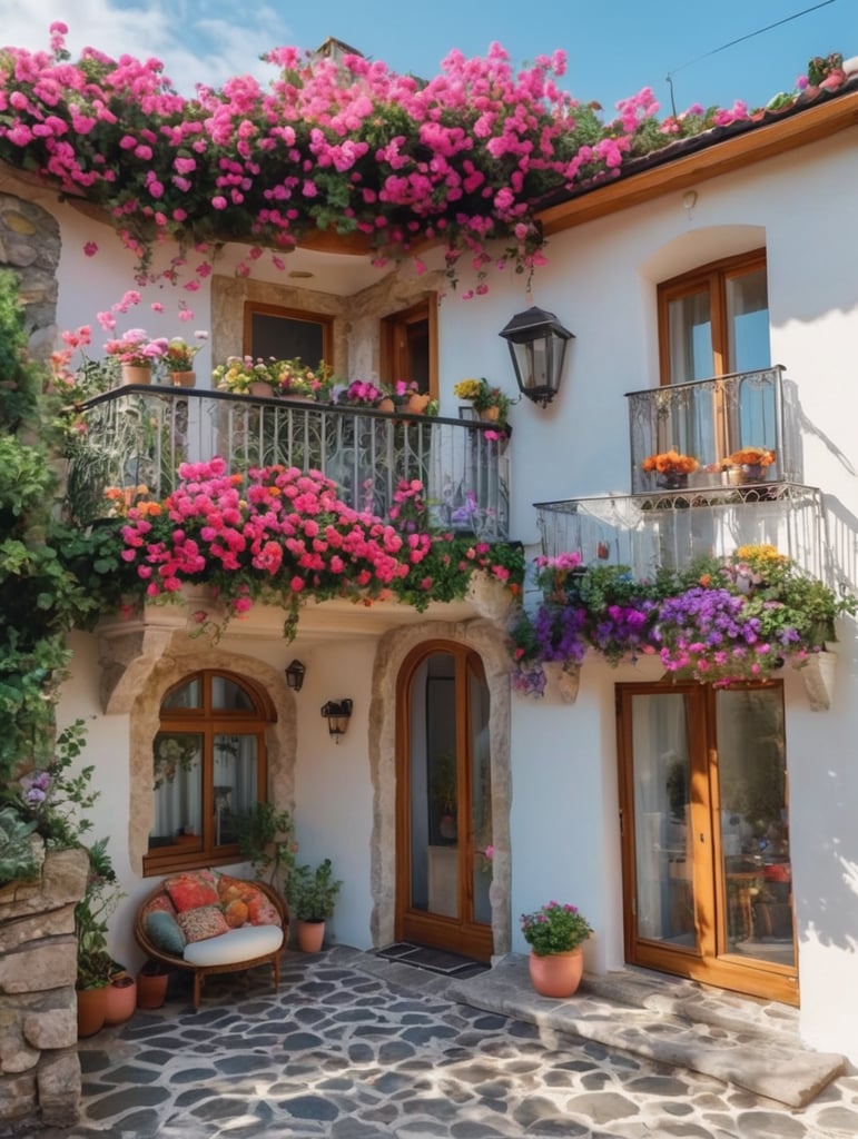 Blooming balcony goals. This house boasts a beautiful balcony overflowing with colorful flowers. Flower power. This charming home is a riot of color thanks to the vibrant blooms on the balcony. Fairytale vibes. This stone house with its flower-filled balcony looks like it's straight out of a storybook.