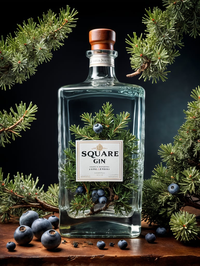 professional photography of a square gin bottle, square bottle, surrounding a juniper and juniper berries, one shot of gin in a front, no label, clear, mockup