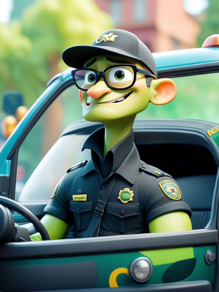 Alligator police officer, sitting behind the wheel of a taxi, close-up shot, sunglasses, clipart, stock photo