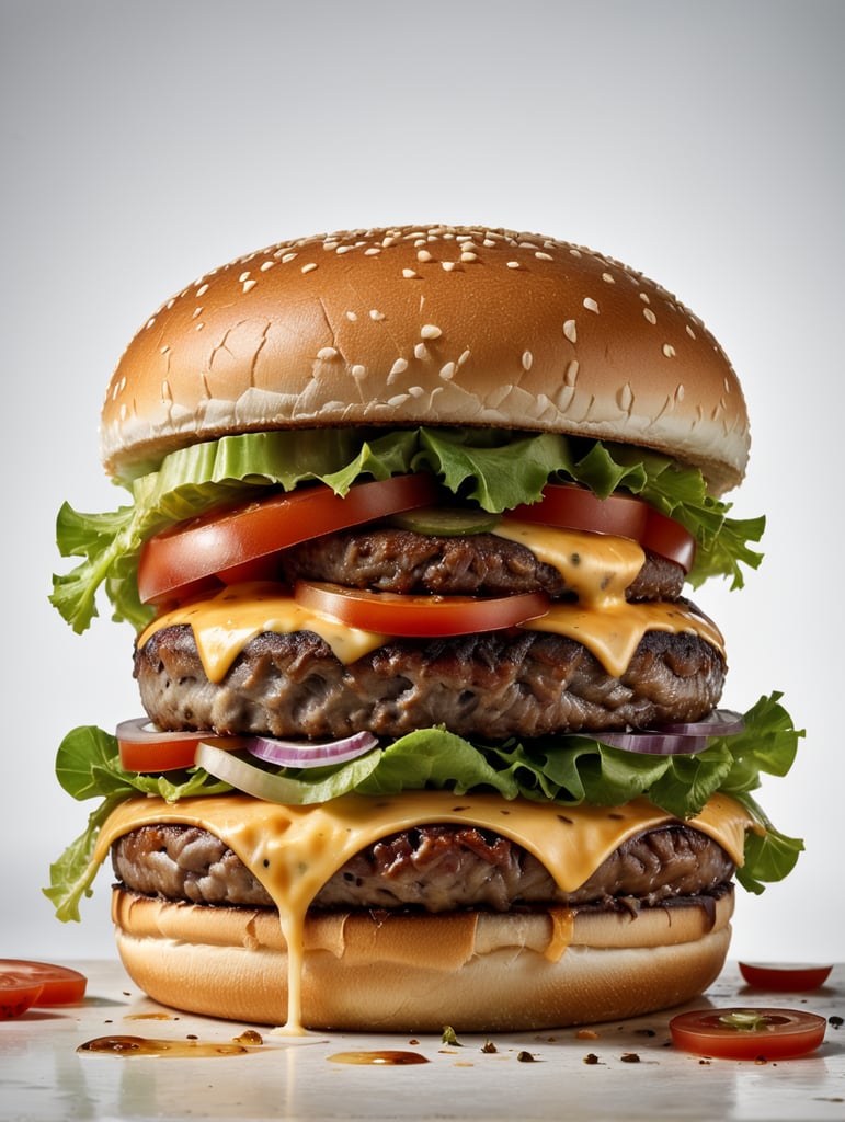 an appetizing burger with lettuce, tomato and melted cheese, ultra hd, isolated, hyper realistic, detailed,