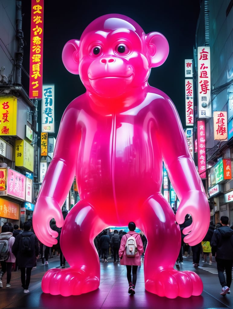 Giant Japanese gummy monkey, translucent, four-story, walks through Tokyo at night, neon rainy city, cyberpunk, techno city.