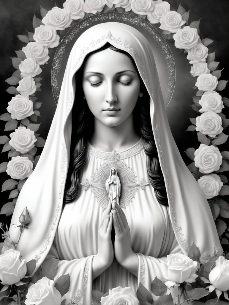 virgin mary holding a roseary with rose in background, black and white