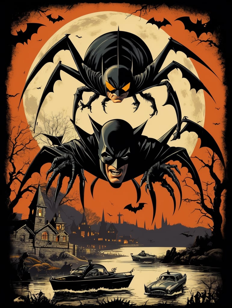 1950's b-movie horror halloween t-shirt print design featuring a batman and robin