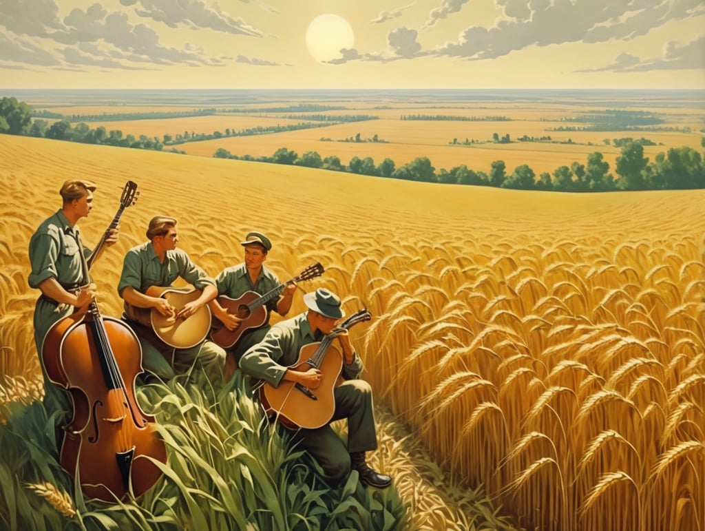 drawing of soviet landscape, large what fields filled with musicians instead of farmers in propaganda style