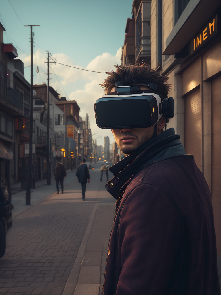 Vintage 90's anime style. a lonely men wearing a virtual reality headset walking in the street