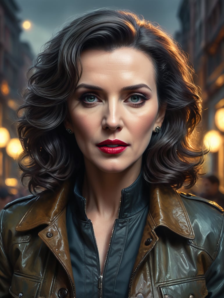 waist-length portrait of Marilyn vos savant, mysterious atmosphere, muted colors, contrasting light, long dark hair, wearing a jacket