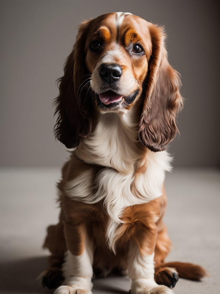 Cocker Spaniel(((smiling))) (((full body))) sitting, see front camera, photo fron a withe background. (((smiling))) (((full body)))