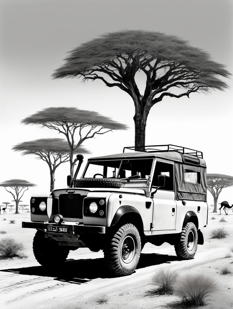 Rusty old Ancient series 3 land-rover on wide African plains. Acacia trees. Ostrich in distance. Dustbrising from tyres. Black and white. Ralph steadman gonzo style illustration.