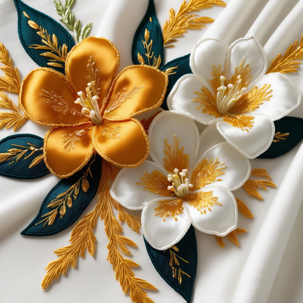 gold thread embroidery of wild flowers, bright and cheerful colours, very detailed, white roses and lilies, baroque style, typical of the Holy Week in Seville, on a luxurious white cloth, with discreet shadows and volumes, sharp focus, spectacular lighting, depth of field, photographic quality, elegant, contemporary fashion,