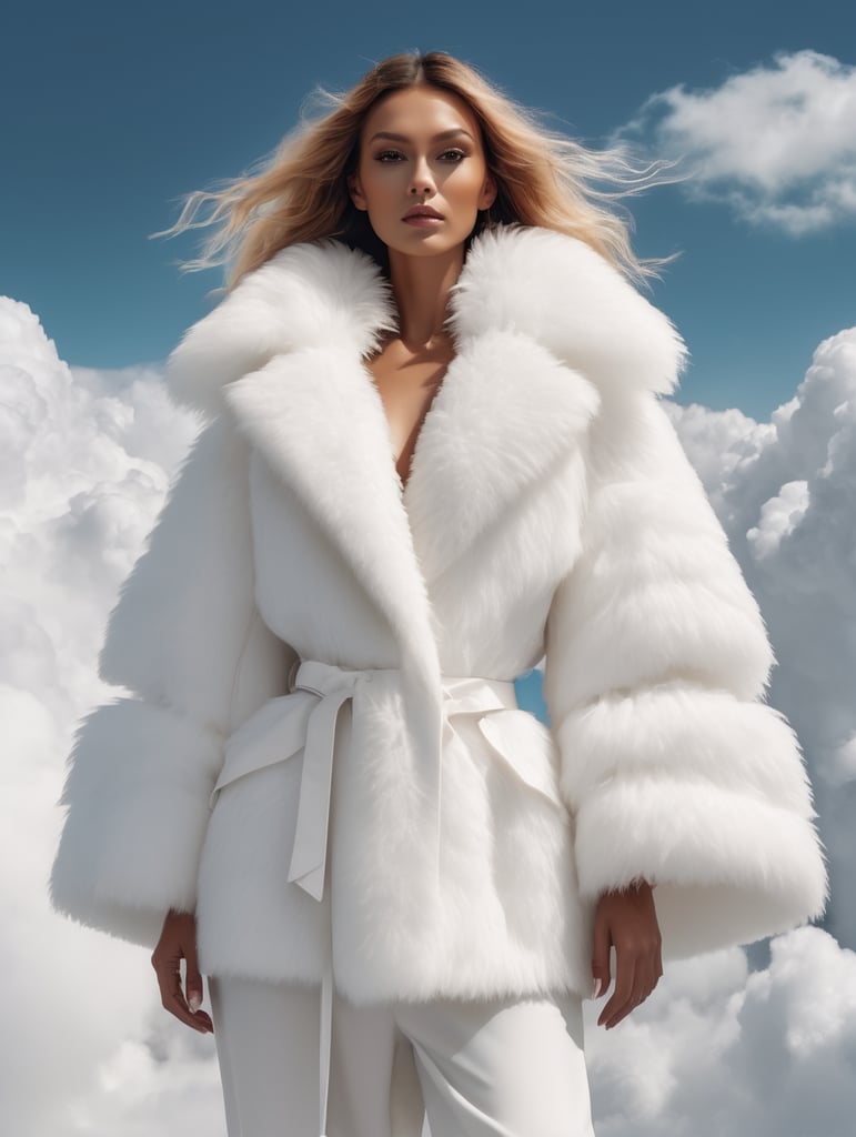 minimalist sasquatch haute couture portrait close-up hirsute fashions yogic junction vogue abstract editorial album cover shot floating in fluffy clouds