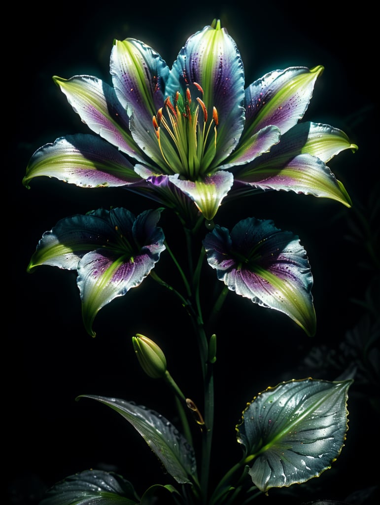 bioluminescent flower Lily, hyper detailed rendering, 4k, magic light, neon watercolours