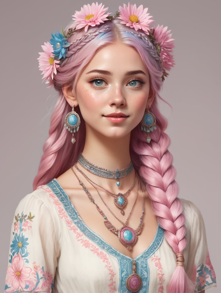 In RPG character drawing style. Young human woman with clearly visible llama ears holding aloft on her head. She has blue eyes. Pink hair styled in two braids. She wears an old medallion around her neck where a flower is represented. Her head is topped with a simple flower crown. She is wearing a long, light bohemian style dress with a floral pattern.