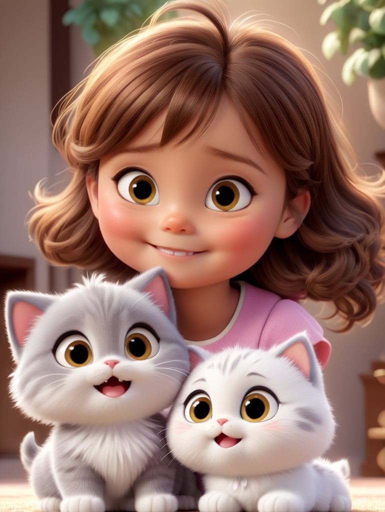 a young baby girl with fluffy cat, creative, and kind-hearted person with very short, brown hair, big eyes, small nose, and a smiling mouth, standing centered in 3D style, rendered using beautiful Disney animation, Pixar style, Disney style, 3D style